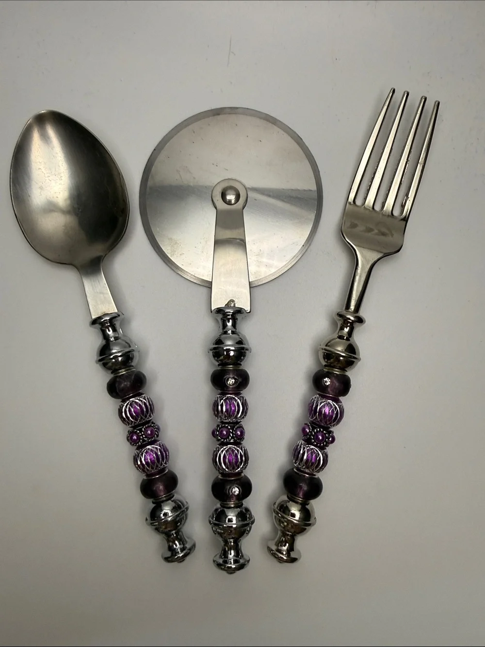 Decorative Purple Beaded Flatware Set - Spoon, Fork, Pizza Wheel